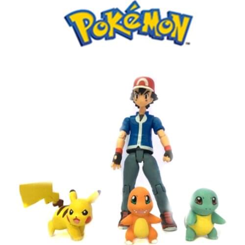 Anime Pokémon Kawaii Figma 052 Pokemon Ash Ketchum and Pikachu Charmander Squirtle Classic Action Figure Collectible Model Toy
