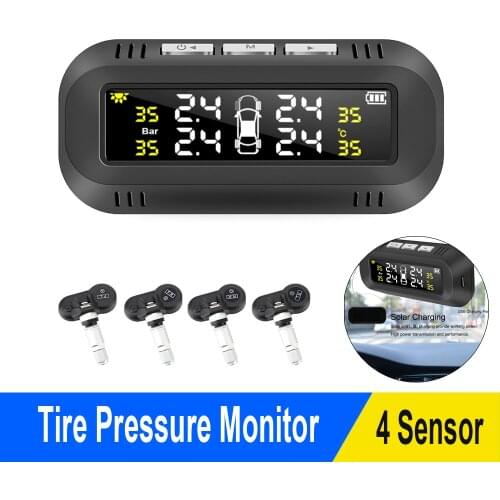Car Solar TPMS Digital Display Tire Pressure Monitoring System Tyre Temperature Warning Alarm Kit with 4 Internal Sensors