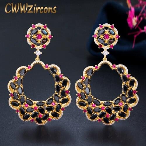 CWWZircons Luxury Designer Big Long Flower Drop Red Black Cubic Zirconia Stone Earring Yellow Gold Party Jewelry for Women CZ687