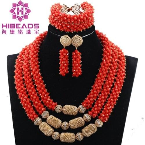 Fantastic Coral Orange Nigerian Wedding Beads Jewelry Set African Women Costume Jewelry Set Nigerian Bride Beads WE027
