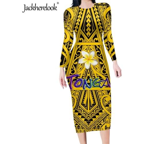 Jackherelook Yellow Togan Polynesian Tribal Plumeria Pattern Womens Sexy Bodycon Pencil Dress Office Ladys Slim Party Dresses