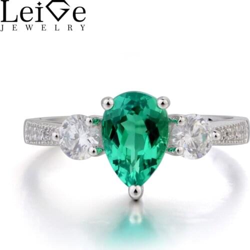 Leige Jewelry Lab Emerald Ring Anniversary Ring Pear Cut Green Gemstone May Birthstone 925 Sterling Silver Ring Women Jewelry