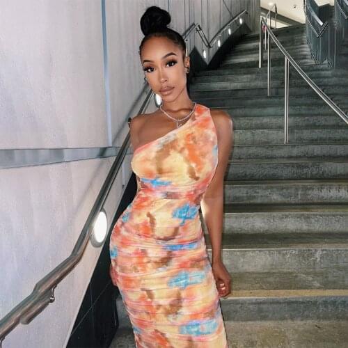 Summer Women Fashion One Shouldr Printed Bodycon Diagonal Collar Pencil Dress Sundress Female Clothing Streetwear