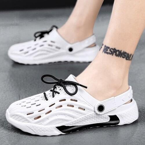 Summer Men Slippers Outdoor Garden Shoes Clogs Beach Slippers Indoor Home Slides Bathroom Loafers Flip-Flops Mules with Shoelace