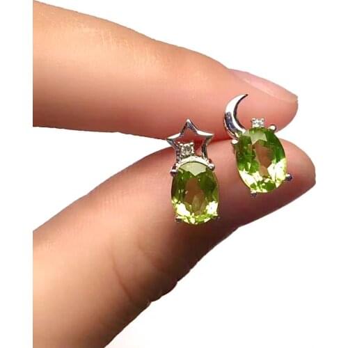Fashion Moon and Star Stud Earrings for Party 6mm*8mm Natural Peridot Earrings 925 Silver Peridot Jewelry Brithday Gift