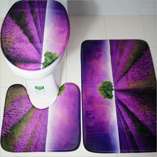 New Three-Piece Flannel Toilet Floor Mat Set with lavender Printing Toilet Cover and Rugs Non-Slip Bathroom Pad set