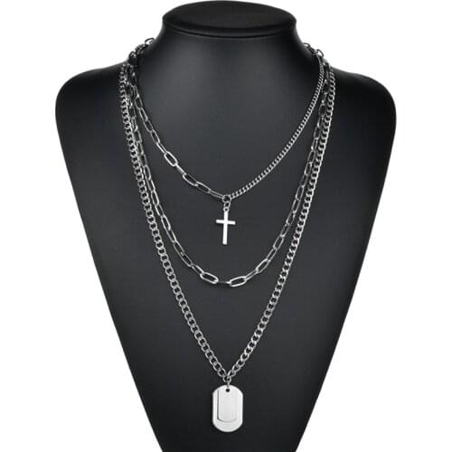 Gothic Stainless Steel Hip Hop Punk Lock Cross Pendant Necklaces Tag Multilayers Chain link Necklaces for women men Jewelry