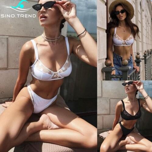 2020 Sexy Undwewear Bikini Set Push Up Polka Dot Mesh Swimsuit Black White Micro Fabric Beachwear Women
