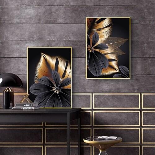 Black Golden Plant Leaf Canvas Poster Print Modern Home Decor Abstract Wall Art Painting Nordic Living Room Decoration Picture