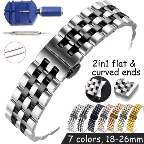 Flat Curved End Watch Band 18mm 19 20 21 22mm 24mm 26mm Stainless Steel Watch Strap Butterfly Buckle Replacement Wristband Belt