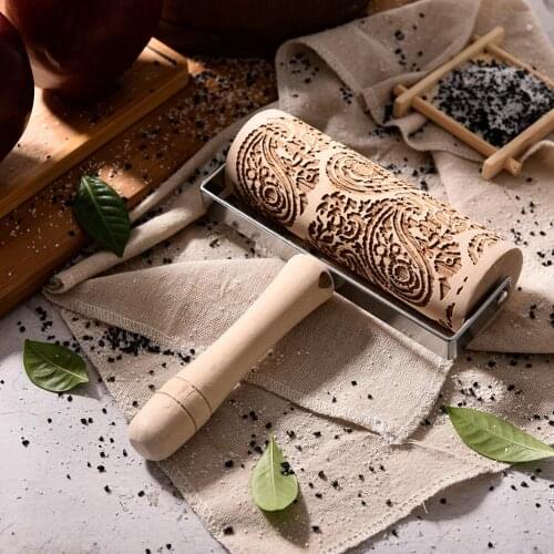 Durable Christmas Laser Embossing Rolling Pin Printed Cookie Dough Stick Fondant Tool Baking Noodle Cake Dough Engraved Roller