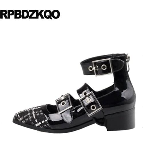 Size 4 34 ladies 2019 brand ankle strap high heels mary janes women shoes medium thick pointed toe black pumps patent leather