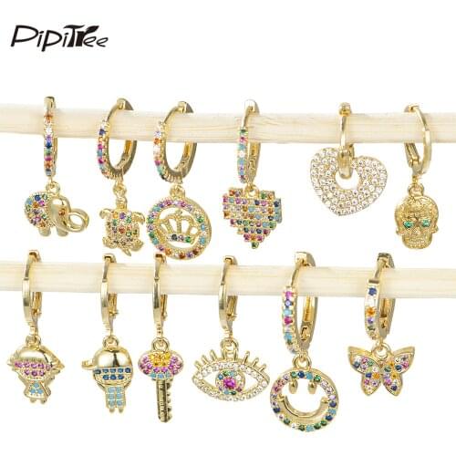 Pipitree 1 PCS Copper Cubic Zirconia Heart Evil Eye Boy Girl Skull Butterfly Earrings Women Drop Earrings Trendy Wedding Jewelry