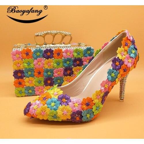 High heels pointe toe shoes with matching bags Bride Payty Dress shoes and purse Multicolor Flower shoes for woman Pumps