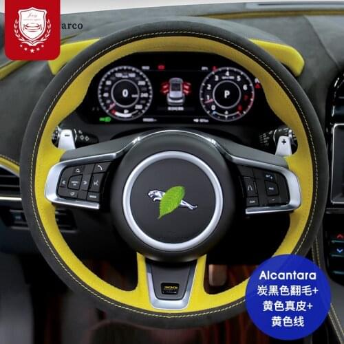 Yellow Steering wheel cover for JAGUAR XF XJL XE F-PACE F-TYPE Real Alcantara suede Hand stitch grip cover car accessories