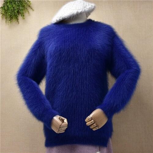 Ladies women fashion blue hairy plush mink cashmere knitted long sleeves split loose pullover angora fur jumper sweater pull top