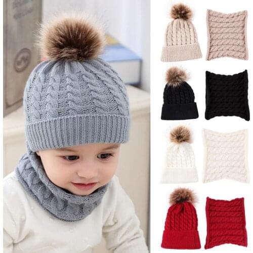 2Pc/Set 0-2 Year Baby Cute Hat And Tube Scarf Autumn Warm Cotton Pom Round Machine Cap Protects Ear Bonnet Winter Cap With Scarf