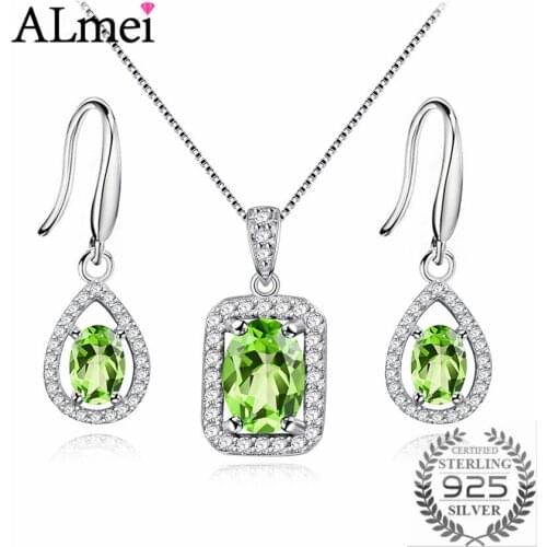 Almei Natural Gemstone Green Peridot Hook Earrings Women Halo Pendant Necklace Pure Silver 925 Fine Jewelry Sets with Box FT001