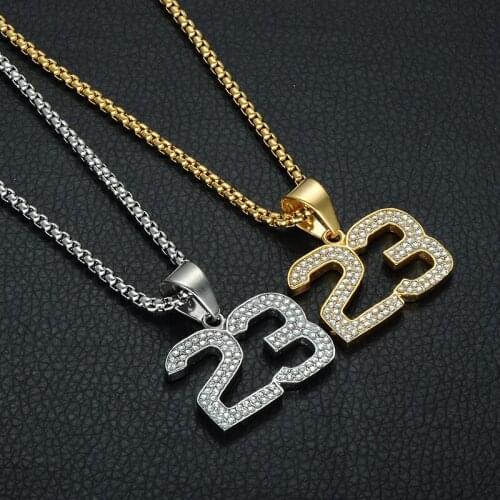 Basketball Number 23 Pendant Necklace Luxury Zircon Stainless Steel Charm Hip hop Chain Necklace For Men Boy Gifts