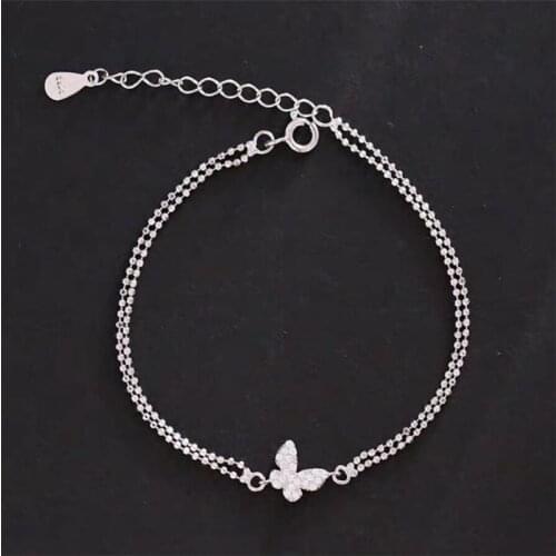 Sole Memory Shiny Rhinestone Butterfly Sweet Cute 925 Sterling Silver Female Resizable Bracelets SBR254