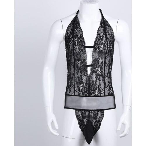 Mens See Through Floral Lace Sissy Lingerie for Male Penis Pouch Transparent Erotic Bodysuit Crossdressing Sexy Gay Underwear