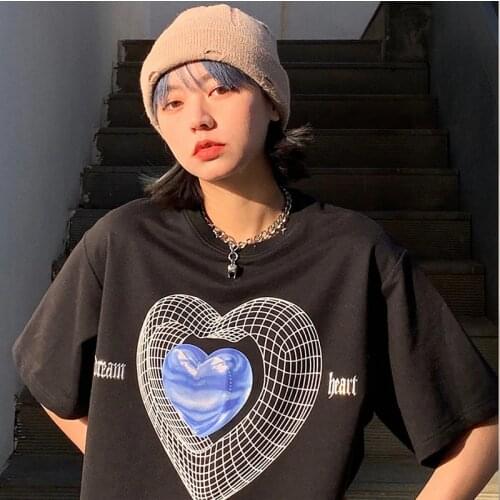 Y2K Street Style Hip Hop Women T Shirt Oversize Heart Print O Neck Short Sleeve Cotton T Shirt 2021 Summer Female Tops Clothing