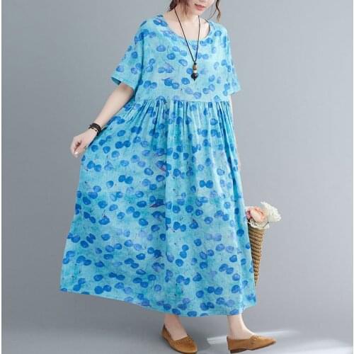 2021 Summer Fashion Cotton Women Dress Robe Female Vintage Dot Printed Linen Maxi Dress Female One-Piece Woman Pleated Dress 6XL