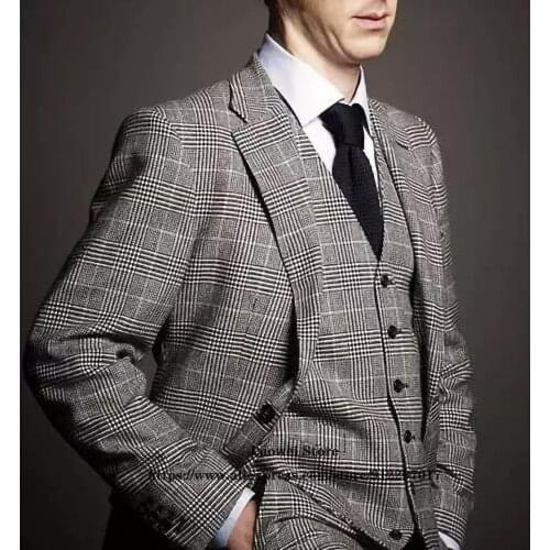 Classic Tweed Plaid Mens Suit Woolen Formal Business Blazer Wedding Groom Tuxedo 3 Piece Set Terno Masculino (Jacket+Vest+Pants)