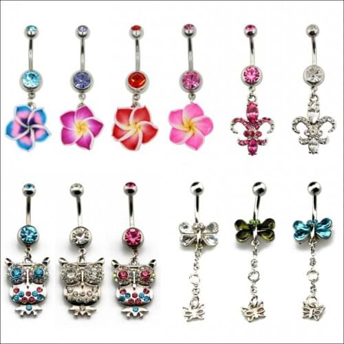 Fashion 1PC Assorted Colors Flower CZ Gem Crystal Belly Button Ring Piercing Owl Pendant Butterfly Navel Piercing Jewelry 14g
