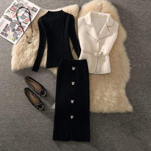 Fashion Knitted Three-Piece Suit Womens New Single-Breasted Vest + Long Sleeve Slim Sweater with Skirt Two Piece Set X123