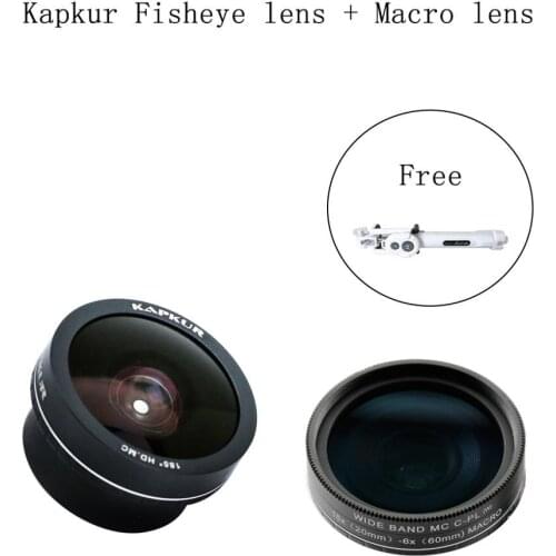 Kapkur 185 degree fisheye lens + 18X macro lens with free selfie stick and free phone case or clip