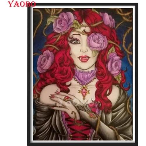 Full Square Diamond Painting Cartoon Vampire Girl Rose Diamond Embroidery Cross Stitch Mosaic Painting Rhinestone Halloween Gift