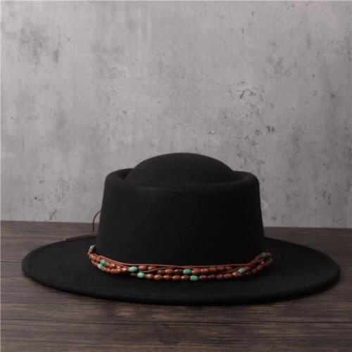Wool Flat Fedora Hat Women Men Spring Wood Beads Belt Pork Pie Hat Gentleman Flat Bowler Porkpie Top Jazz Hat