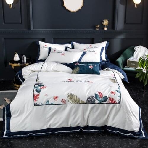 Blue Luxury European Embroidery 600TC Egyptian Cotton Wedding Bedding Set Duvet Cover Bed sheet Pillowcase Queen King Size #s