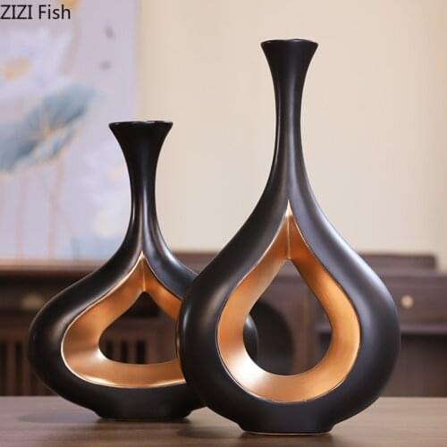 Modern European Ceramic Black Gold Vase Living Room Decoration Creative Hollow Flower Exquisite Flowers Vase Decoration Home