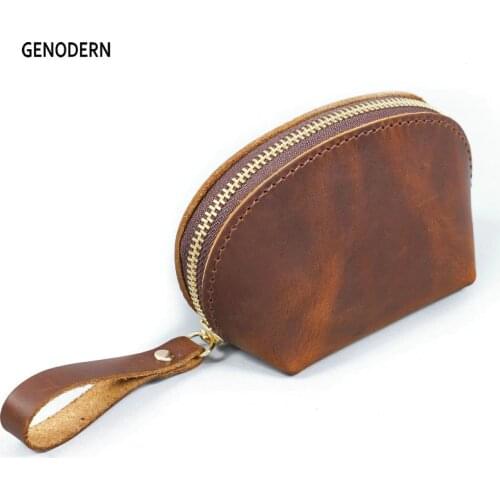 GENODERN New Vintage Genuine Leather Coin Purse Crazy Horse Leather Coins Money Pocket Retro Mini Wallet Drawstring Storage Bag