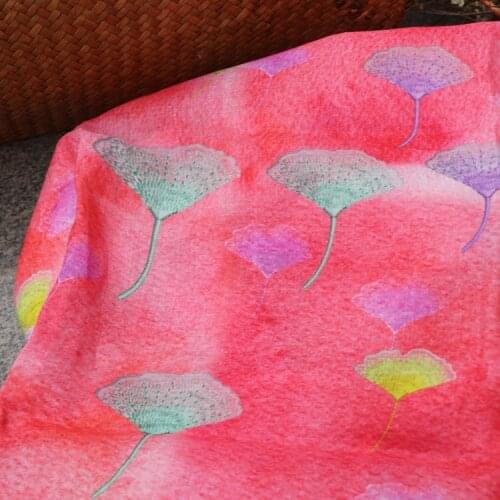 High end natural pure ramie fabric Pink gingko print tissu summer style clothing robe dress material