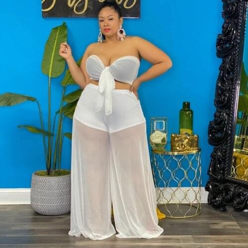 Plus size women clothing wholesale 2 piece sets womens outfits backless crop tops and pant suits chiffon sexy sets dropshipping