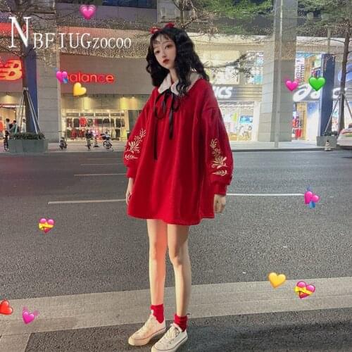 2020 New Korean Loose Red Color Women Sweatshirts Long Sleeve Students Chinese Style Female Sweatshirt
