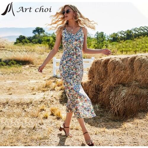 Women Floral Boho Spaghetti Strap Dress Summer Sleeveless V Neck Sexy Ladies Party Beach Casual Holiday Sundress Maxi Vestido