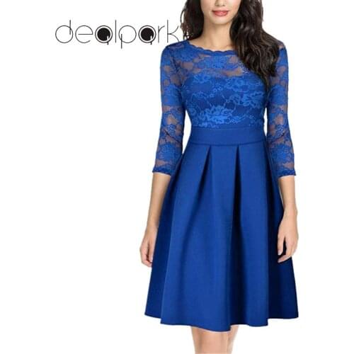 Women Lace Dress 2020 Autumn 1950s Vintage Dress 3/4 Long Sleeve Zipper Ruffle Hem Elegant Party Dresses Evening A Line Dress