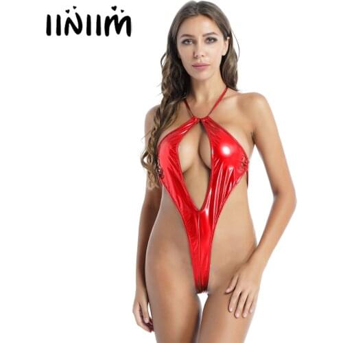 Womens Lingerie Sexy Patent Leather Bodysuit Hollow Out Glossy Halter Lace-Up Backless Catsuit Swimwear Club Pole Dance Costume