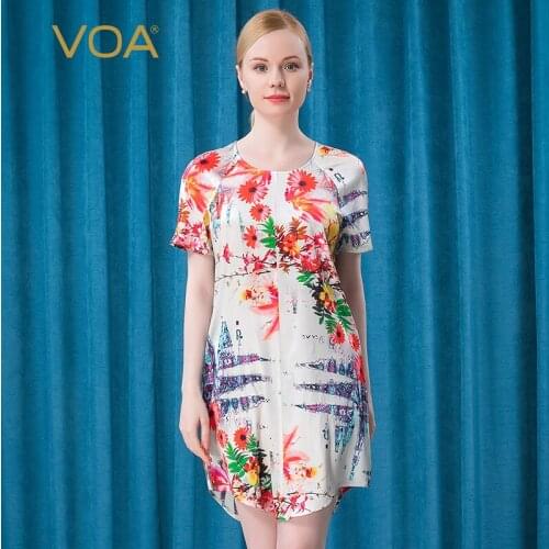 VOA Silk Dresses for Women 2021 Satin Fashion Print O-Neck Skin-friendly Casual Summer Cool Straight Floral Dress A4072