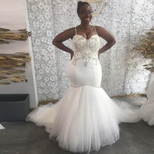 Simple Wedding Dresses Spaghetti Beaded Crystals Bridal Dresses Mermaid Sexy Wedding Gowns Vestidos de novia