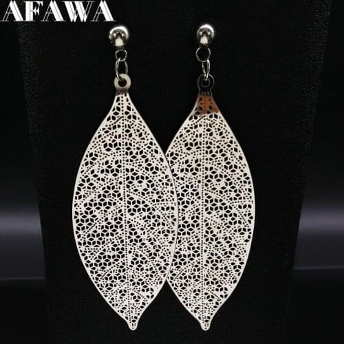 2021 Bohemia Stainless Steel Stud Earrings Women Silver Color Long Leaf Earrings Jewelry aretes acero inoxidable mujer E1561S01