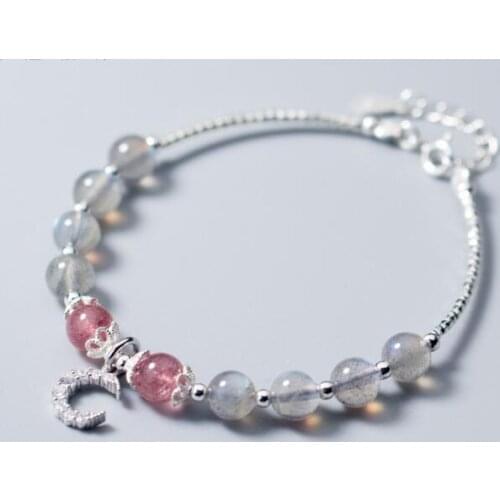 6mm 100% Real. 925 Sterling Silver Fine Jewelry Natural Moonstone &Rose Strawberry Quartz Stone Crescent Moon Bracelet GTLS633