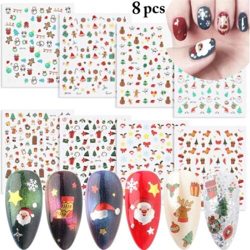 8 Sheets Kapmore Christmas Nail Sticker DIY Cute Cartoon Nail Decal Adhesive Nail Decal Women Girls DIY Nail Art Stickers