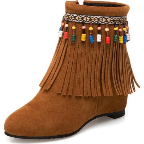 Bohemian Style Women Boots Fashion Beaded Fringe Wedge Martin Ankle Boots Casual Autumn Winter Womens Shoes XKD2076