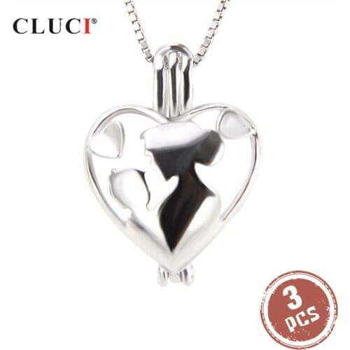 CLUCI 3pcs Silver 925 Mother and Kid Pearl Locket Cage 925 Sterling Silver Women Charm Pendant Jewelry Mothers Day Gift SC234SB