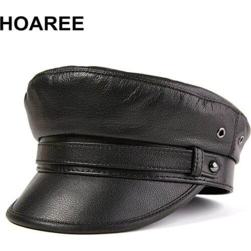 HOAREE Black Genuine leather Military Hat Men Women Real Leather Sailor Cap White Black Brown Autumn Winter Male Military Cap